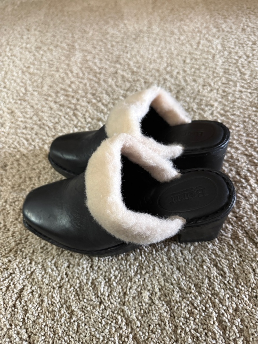 Born Black Leather Mules with Cream Shearling Trim - Picture 2 of 5